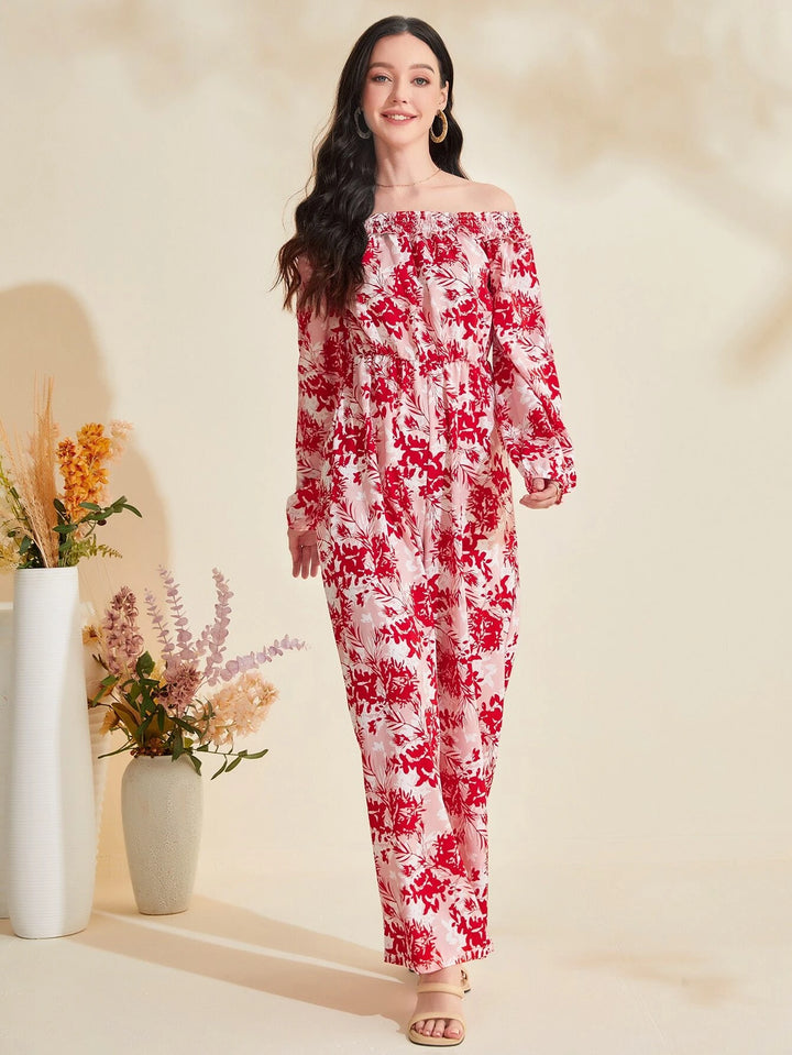 Floral Print Off Shoulder Lantern Sleeve Jumpsuit