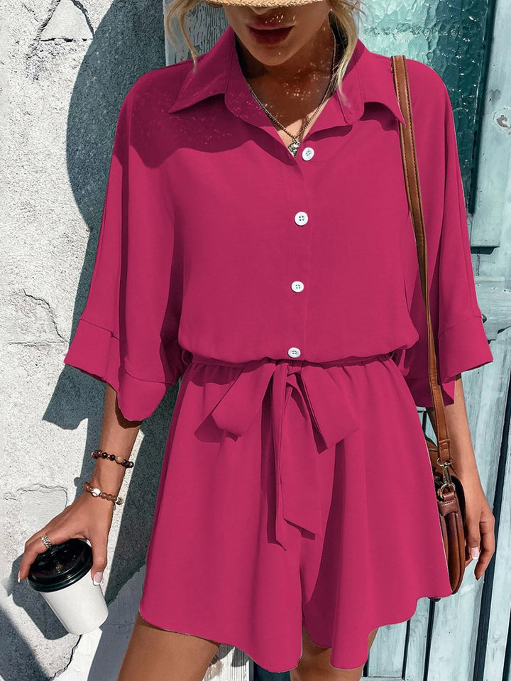 Batwing Sleeve Belted Shirt Romper