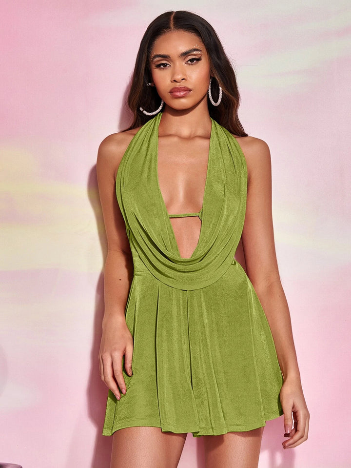 Draped Front Backless Halter Neck Romper