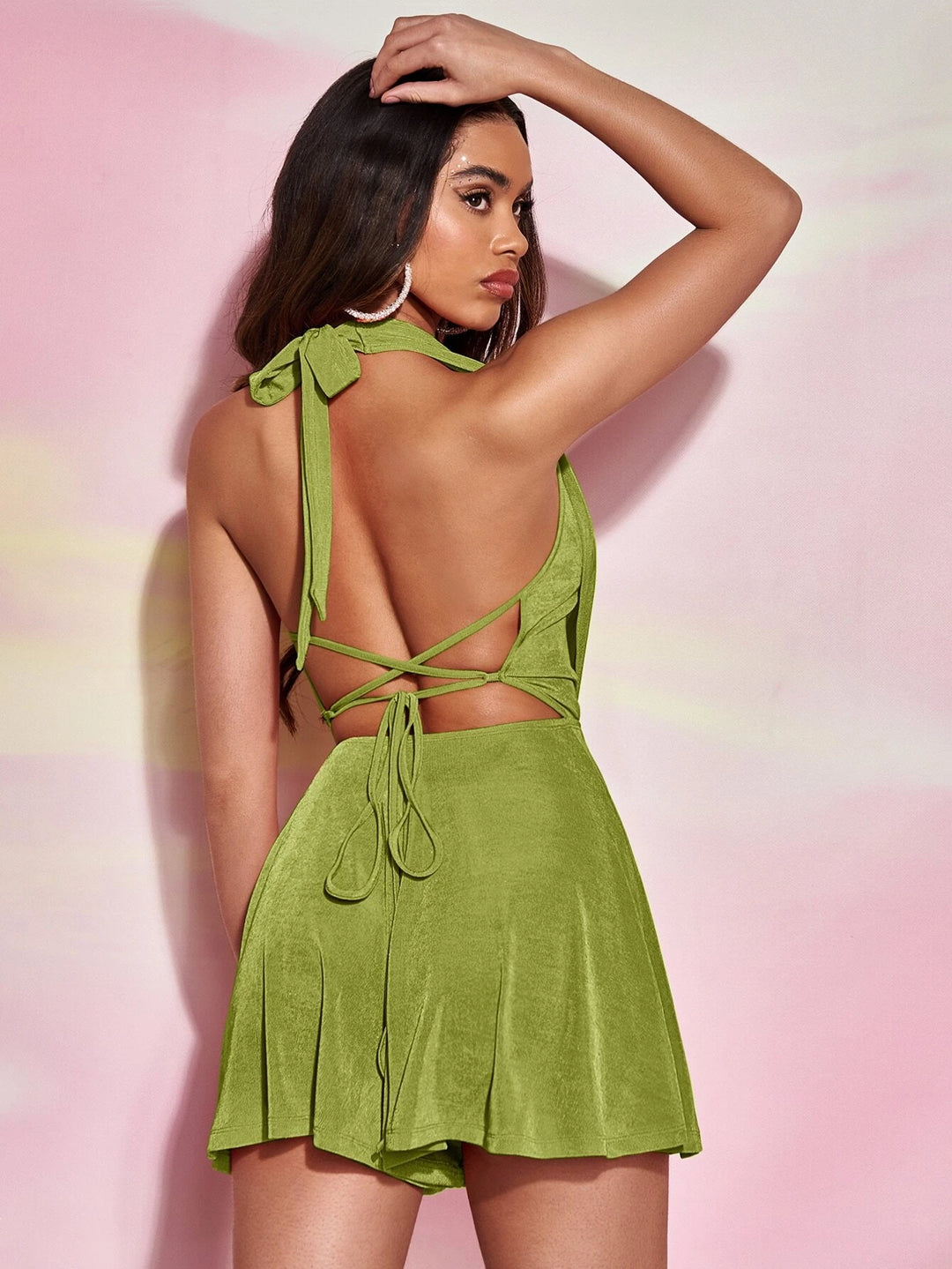 Draped Front Backless Halter Neck Romper