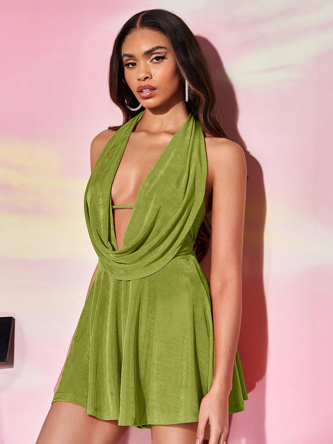 Draped Front Backless Halter Neck Romper