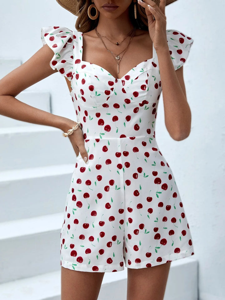 Cherry Print Ruffle Trim Romper