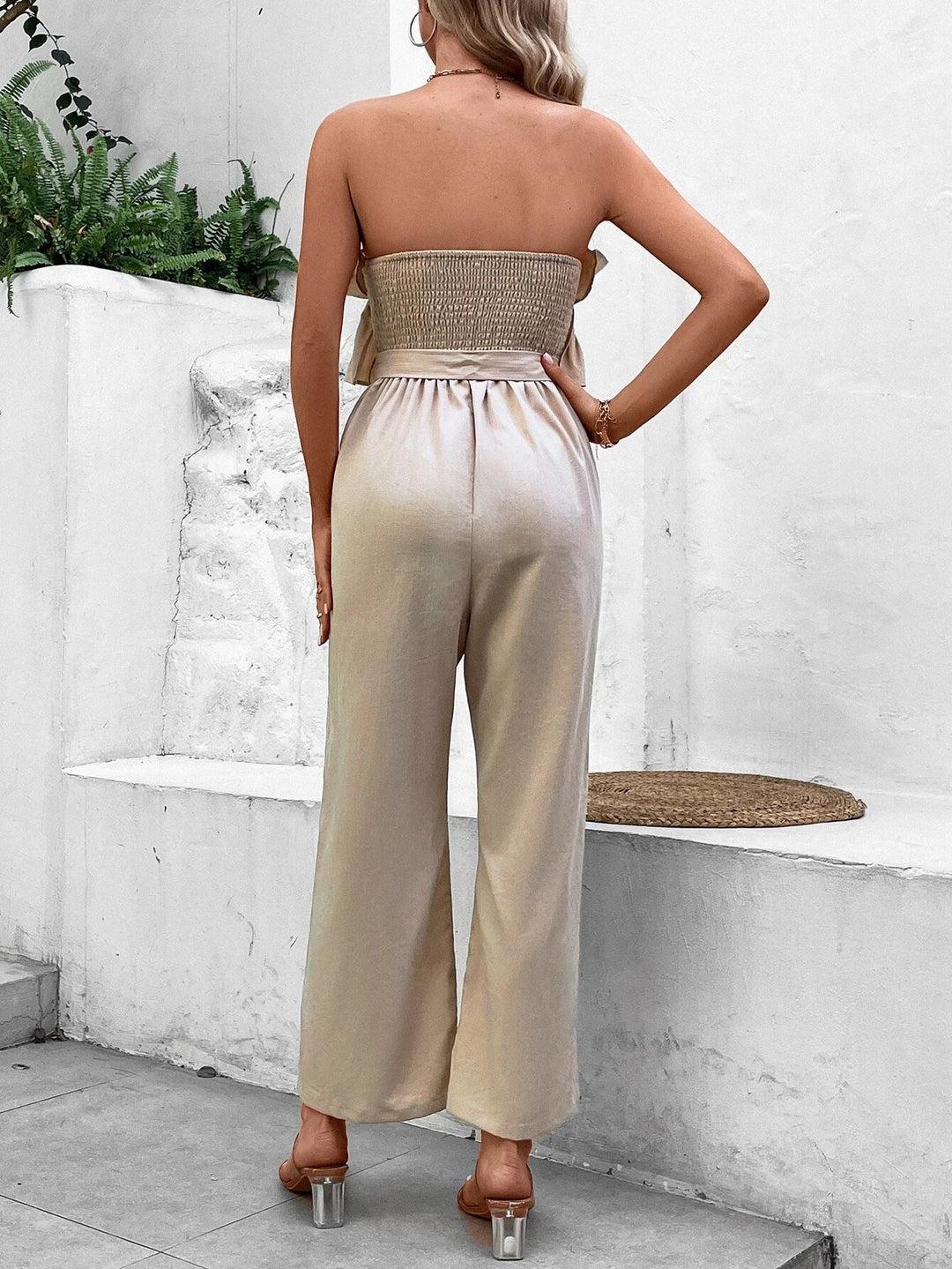 Ruffle Trim Belted Tube Jumpsuit