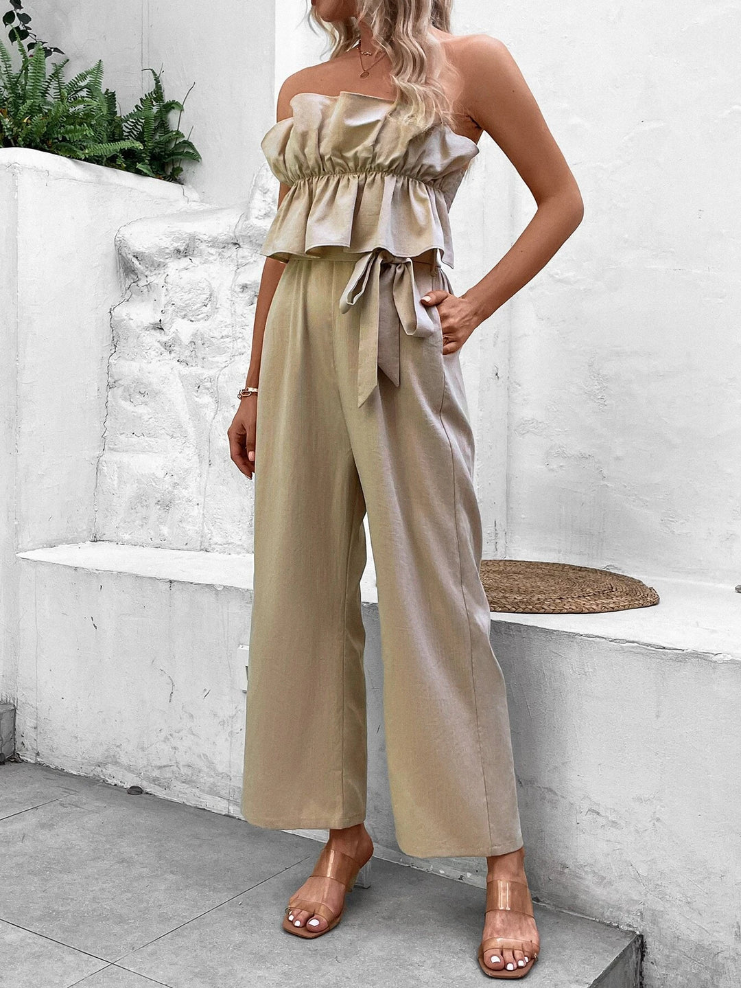 Ruffle Trim Belted Tube Jumpsuit