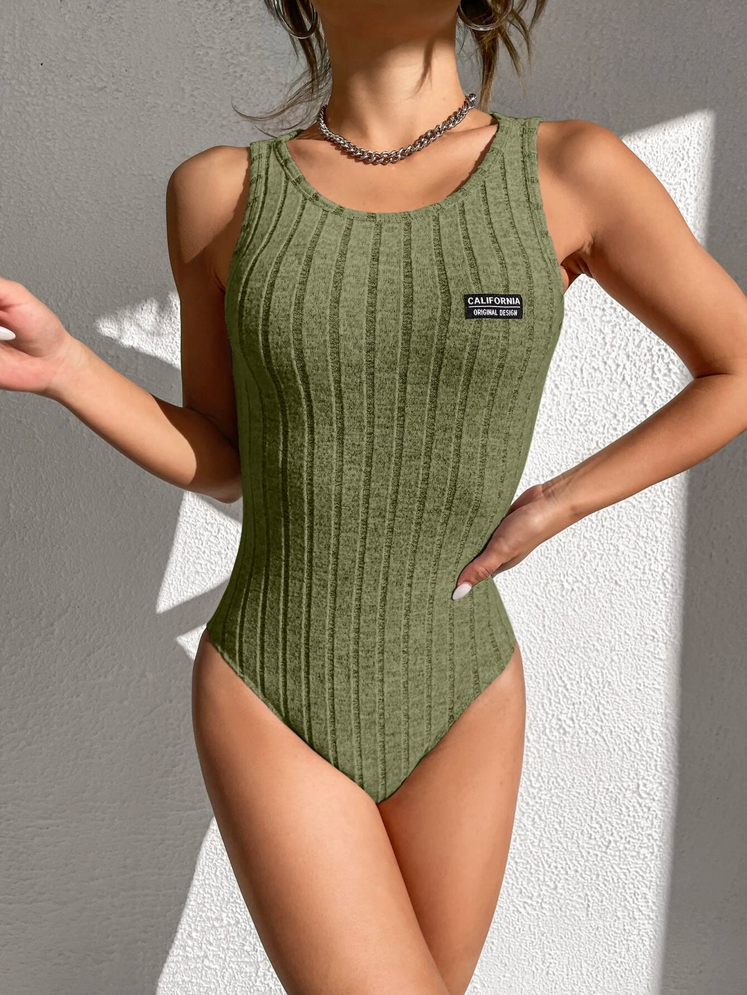 Letter Patched Ribbed Knit Tank Bodysuit