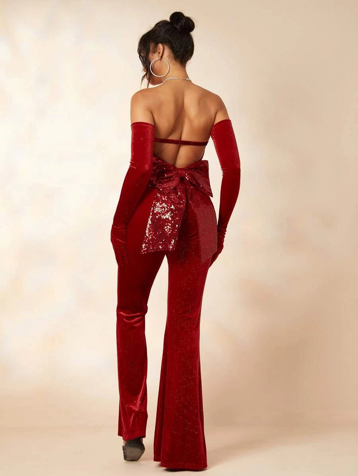 Glitter Flare Leg Jumpsuit With Arm Sleeves