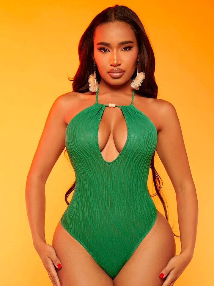 Backless Halter Neck Green Bodysuit