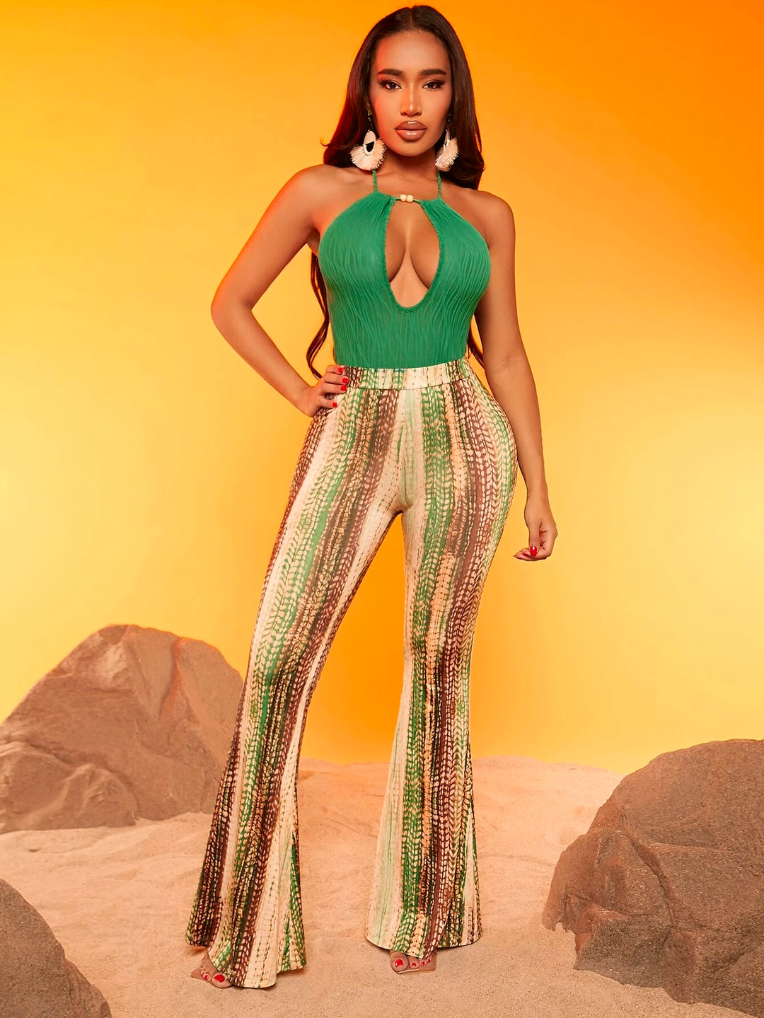 Backless Halter Neck Green Bodysuit