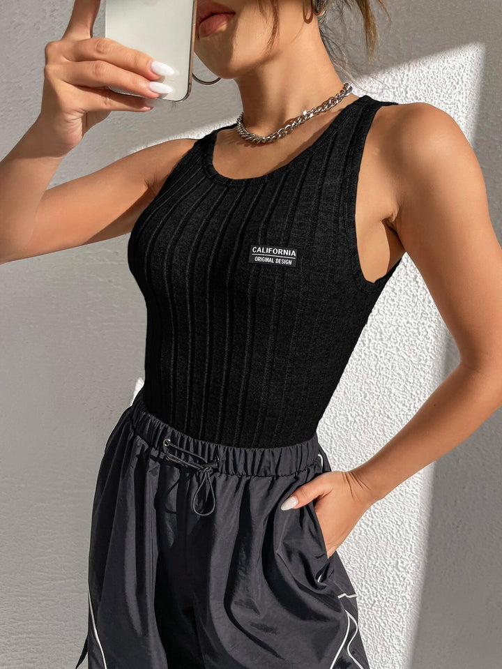 Letter Patched Ribbed Knit Tank Bodysuit