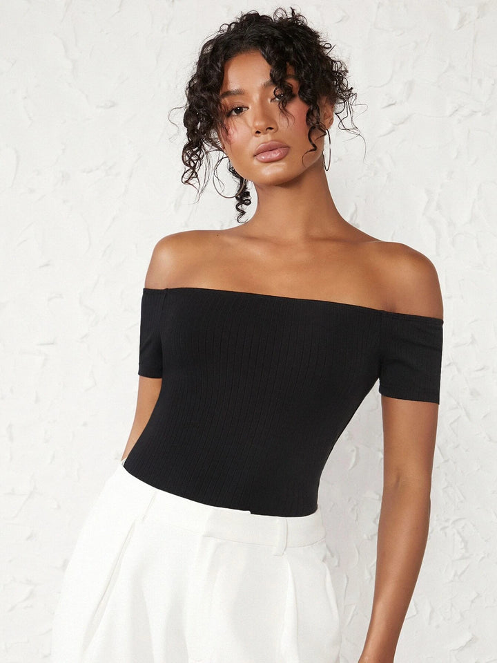 Cotton Off Shoulder Rib-knit Bodysuit