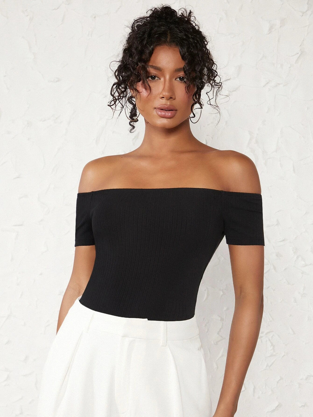 Cotton Off Shoulder Rib-knit Bodysuit