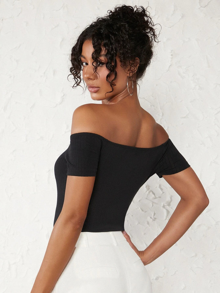 Cotton Off Shoulder Rib-knit Bodysuit