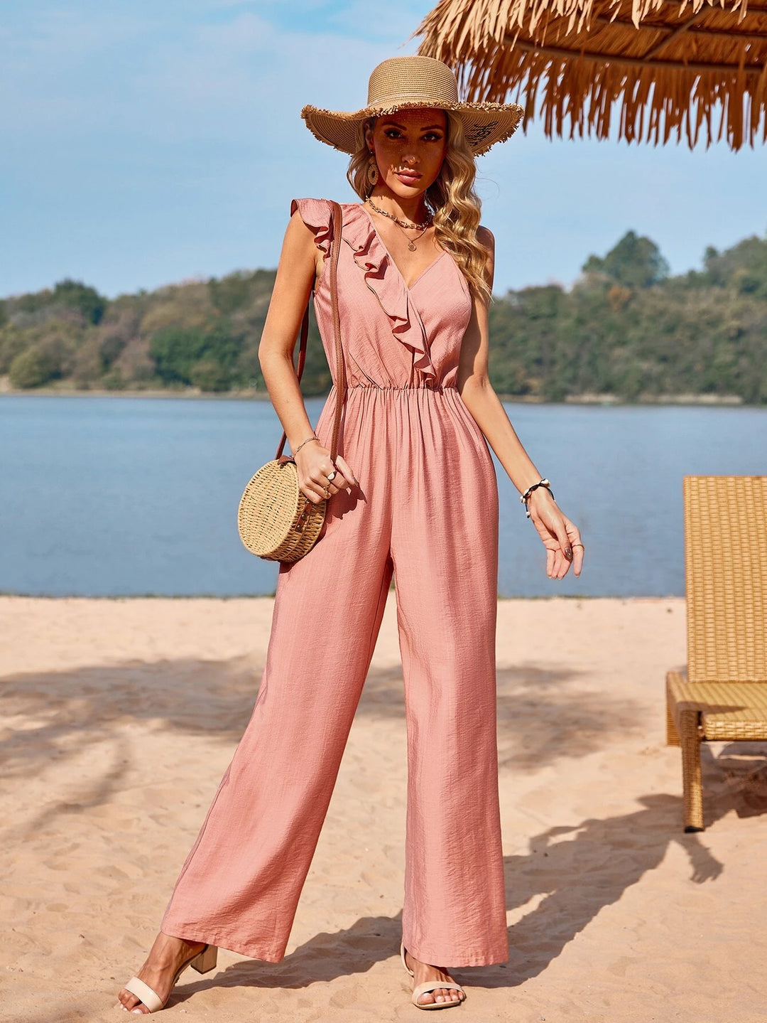 Solid Colored Ruffle Trim Jumpsuit