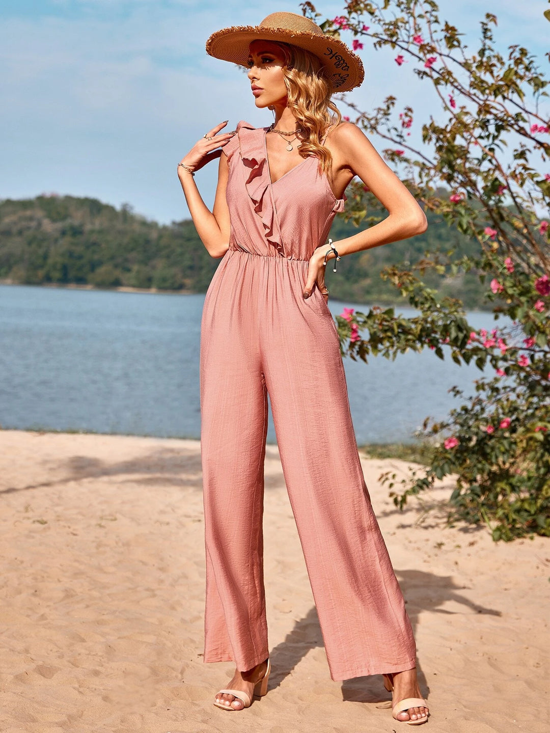 Solid Colored Ruffle Trim Jumpsuit