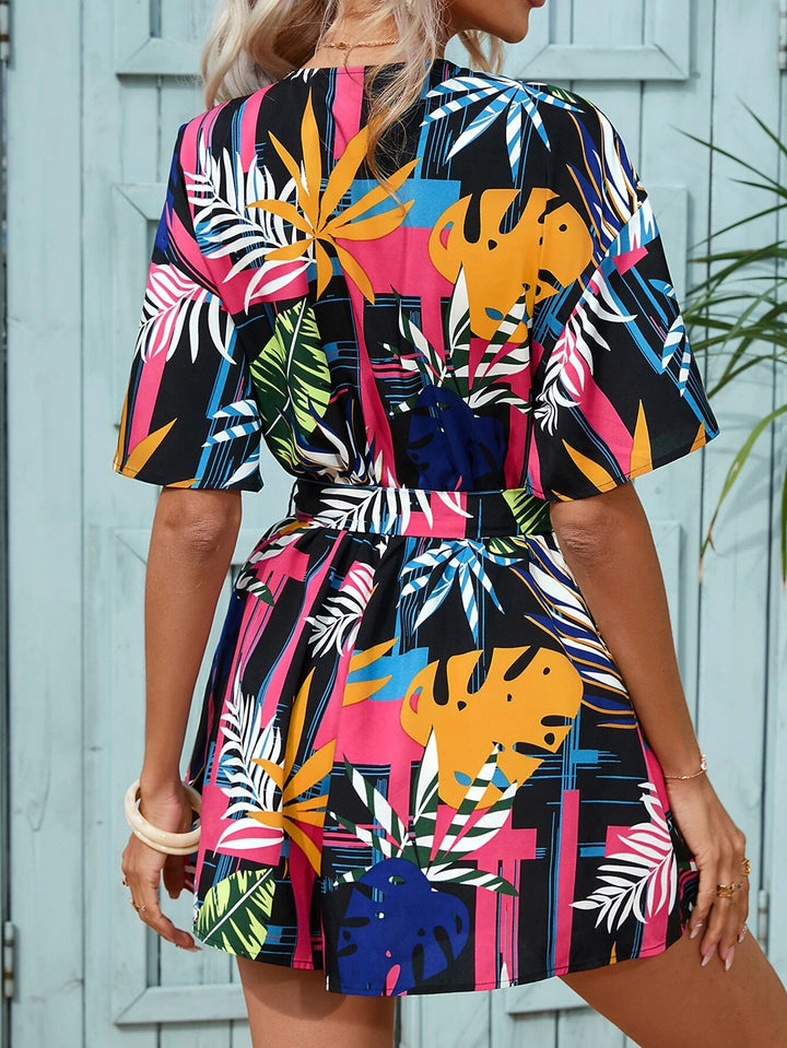 Tropical Print Belted Romper