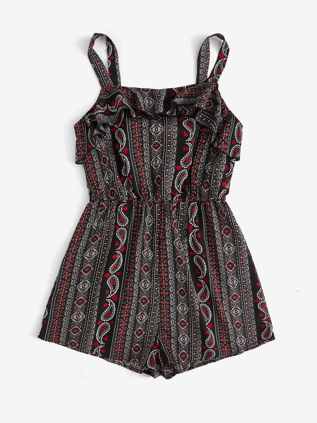 Paisley Print Ruffle Trim Cami Romper