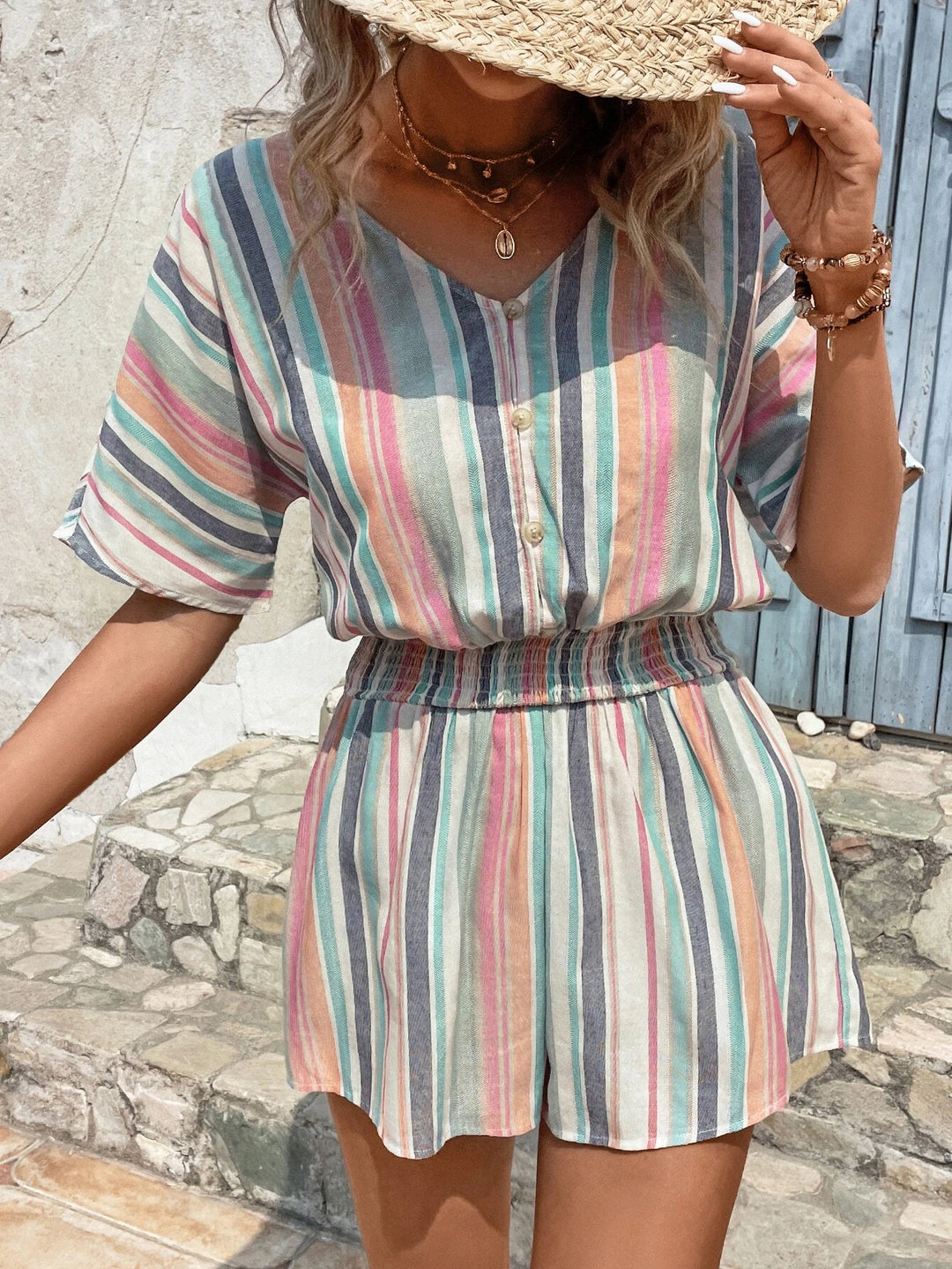 Striped Print Batwing Sleeve Romper