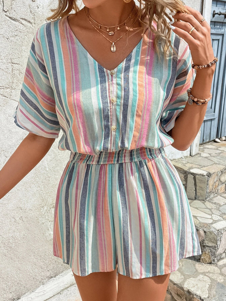 Striped Print Batwing Sleeve Romper