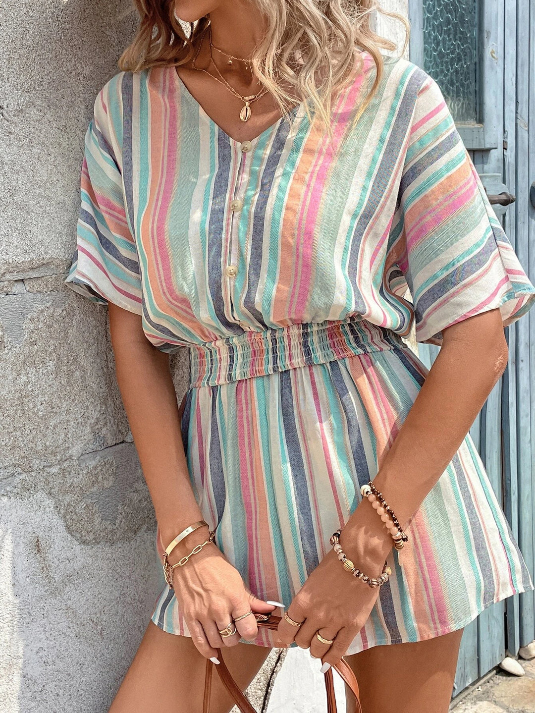 Striped Print Batwing Sleeve Romper