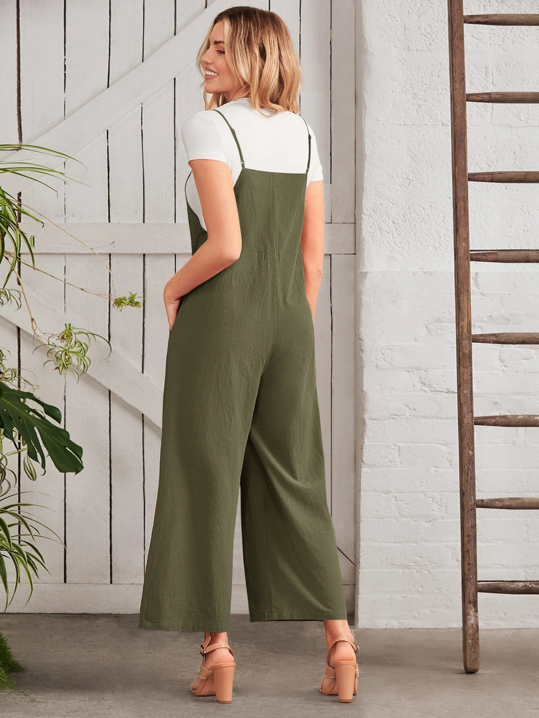 Button Front Wide Leg Cami Jumpsuit Without Tee