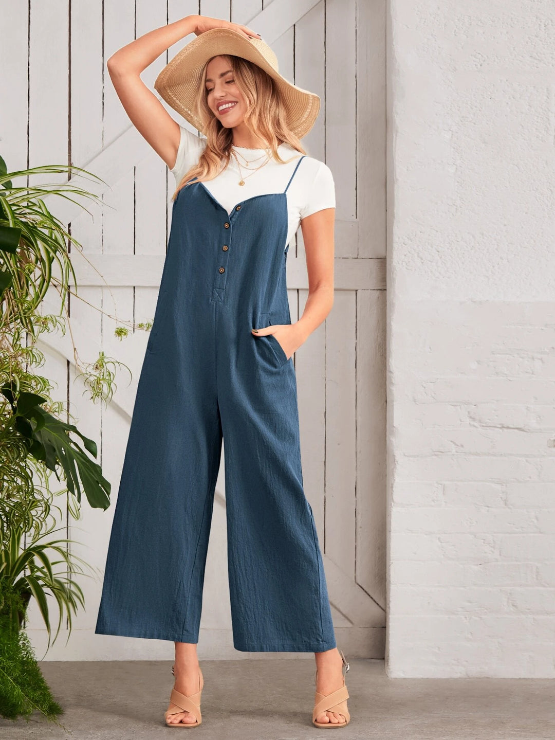 Button Front Wide Leg Cami Jumpsuit Without Tee