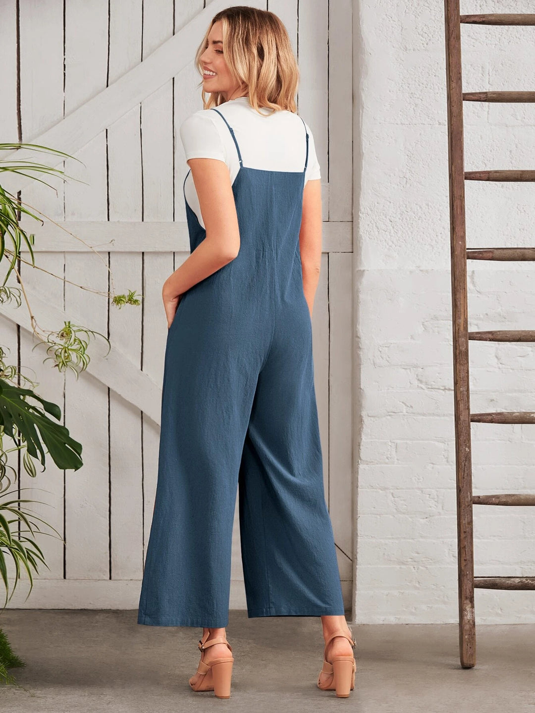 Button Front Wide Leg Cami Jumpsuit Without Tee