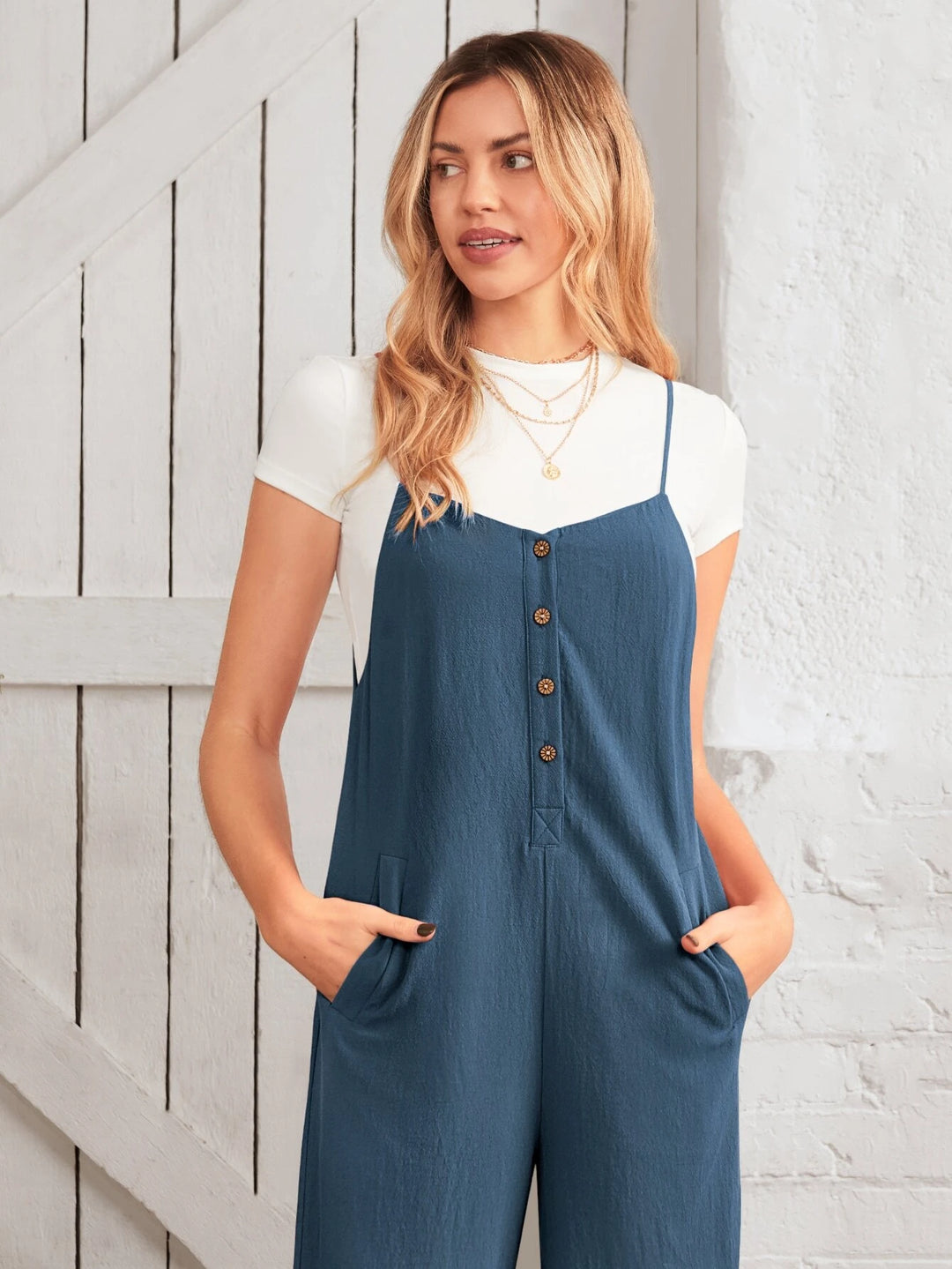 Button Front Wide Leg Cami Jumpsuit Without Tee