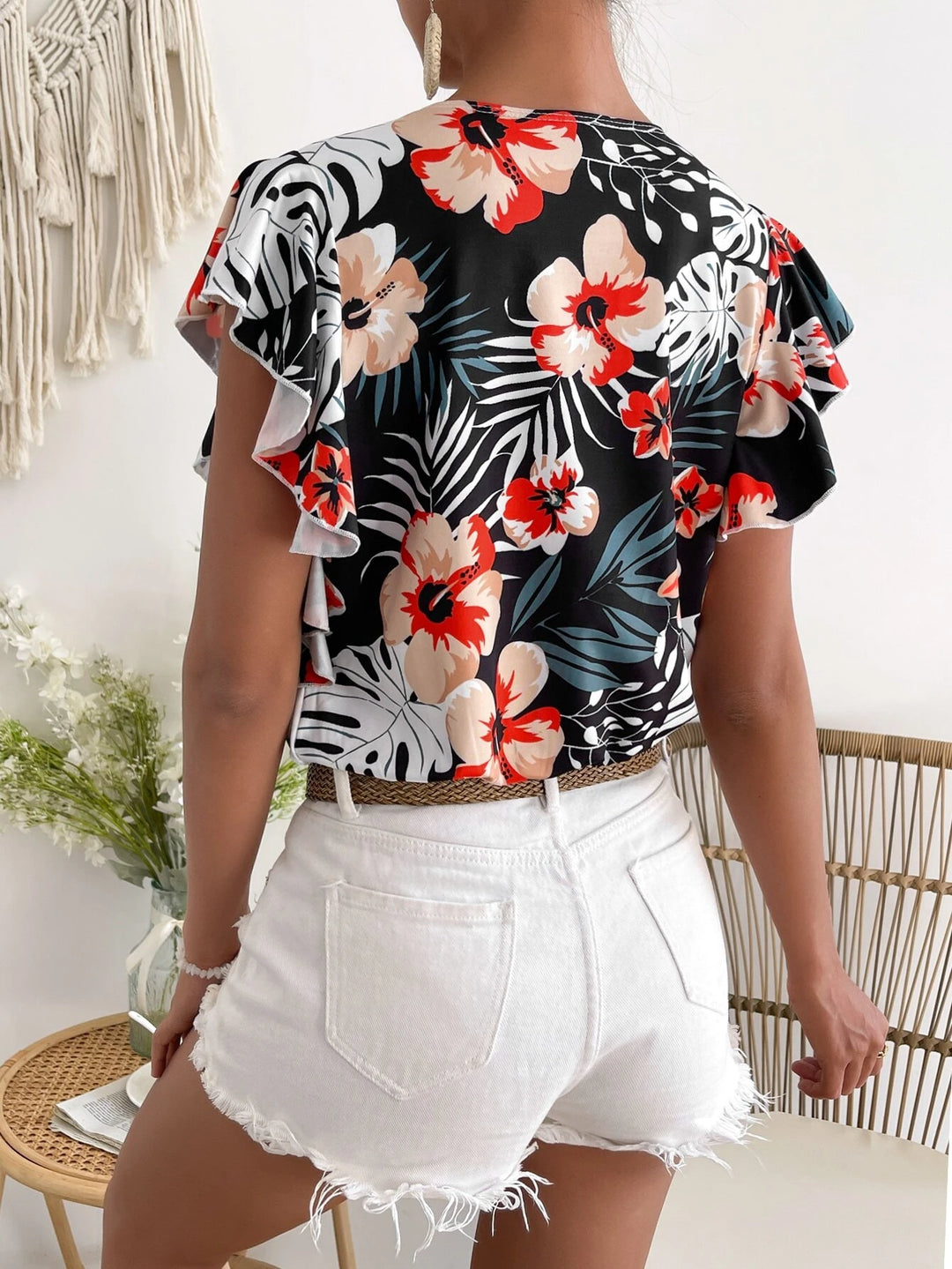 Tropical Print Ruffle Trim Bodysuit