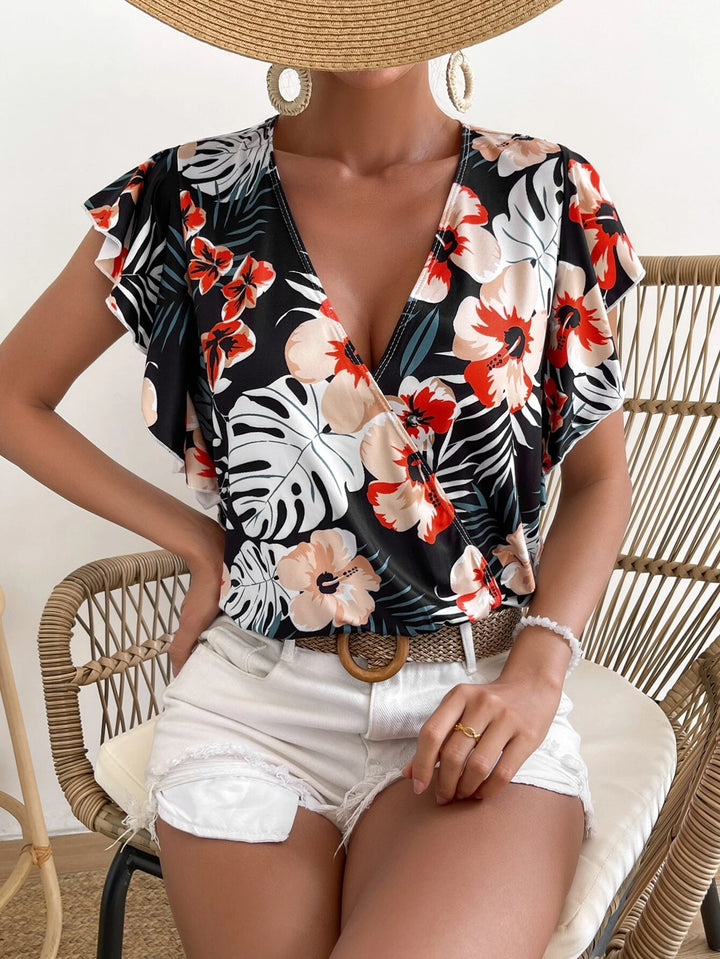 Tropical Print Ruffle Trim Bodysuit