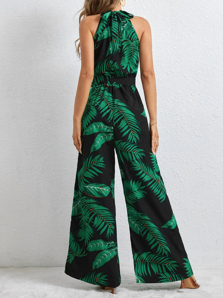 Long Tropical Print Belted Jumpsuit