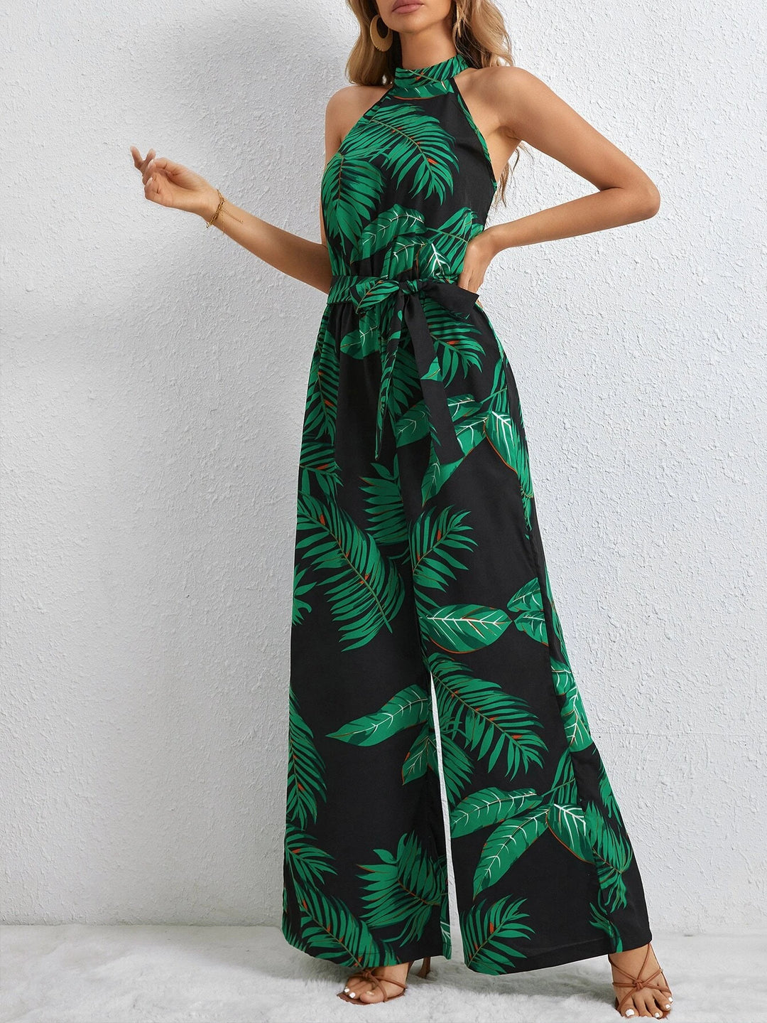 Long Tropical Print Belted Jumpsuit