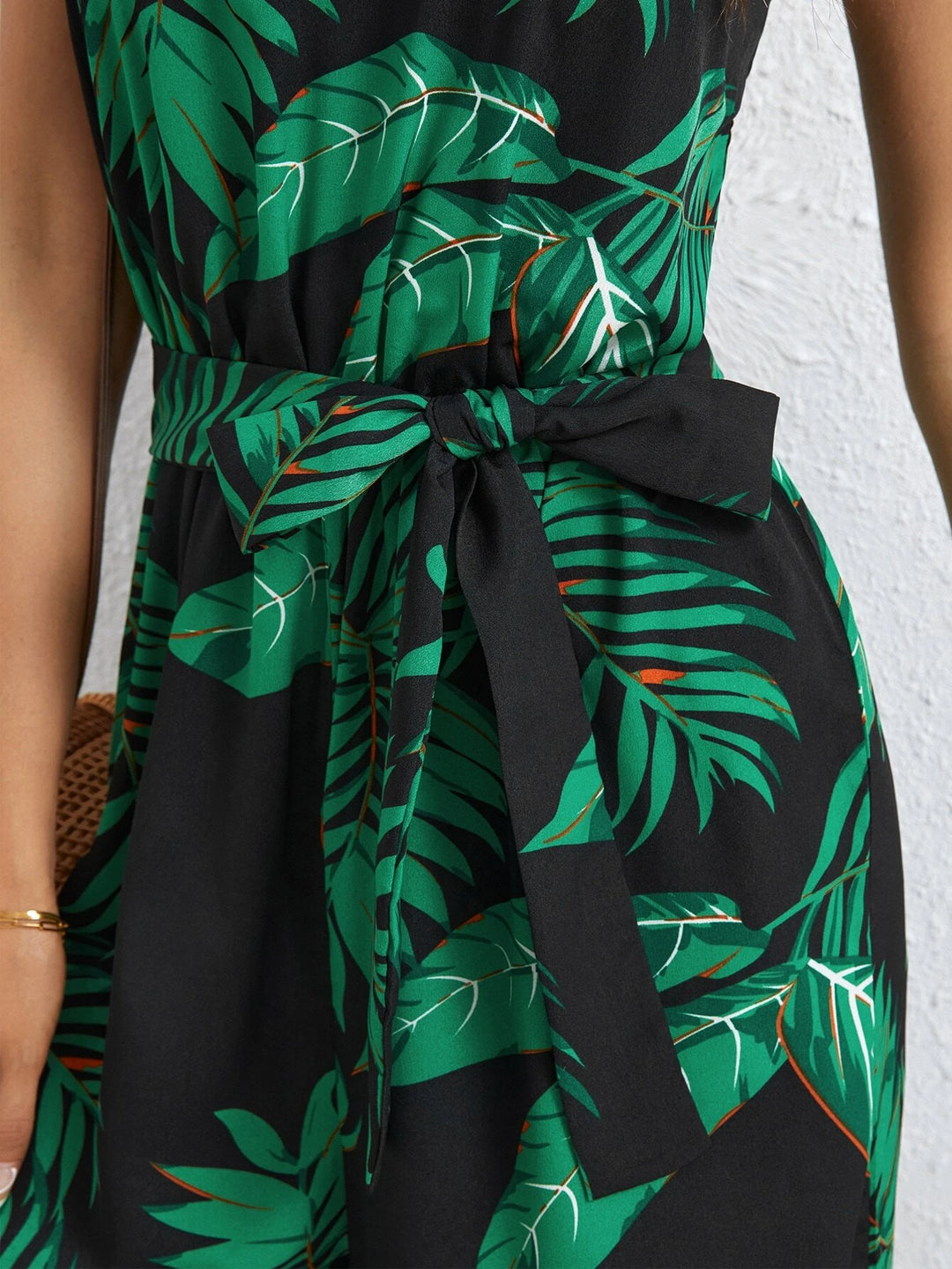 Long Tropical Print Belted Jumpsuit