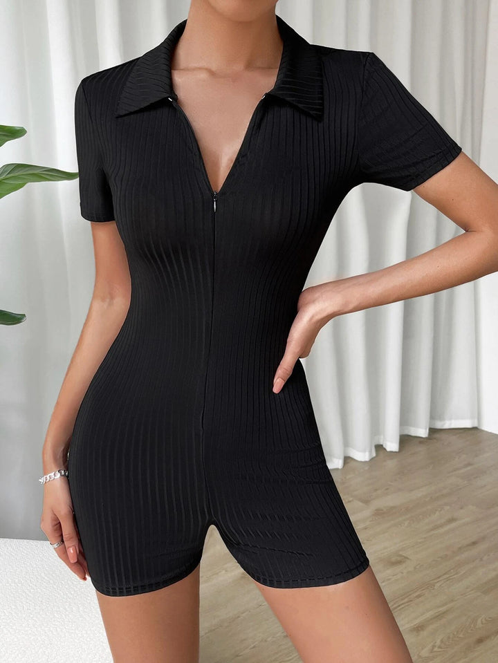 Half Zip Ribbed Knit Unitard Romper