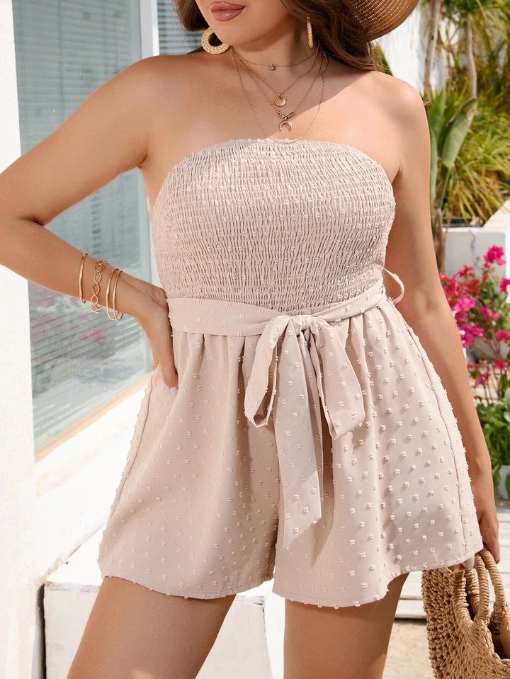 Dot Shirred Belted Tube Romper