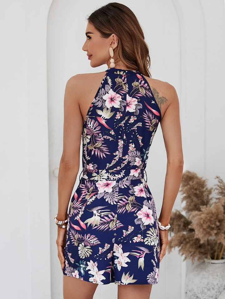 Printed Slant Pocket Belted Halter Romper