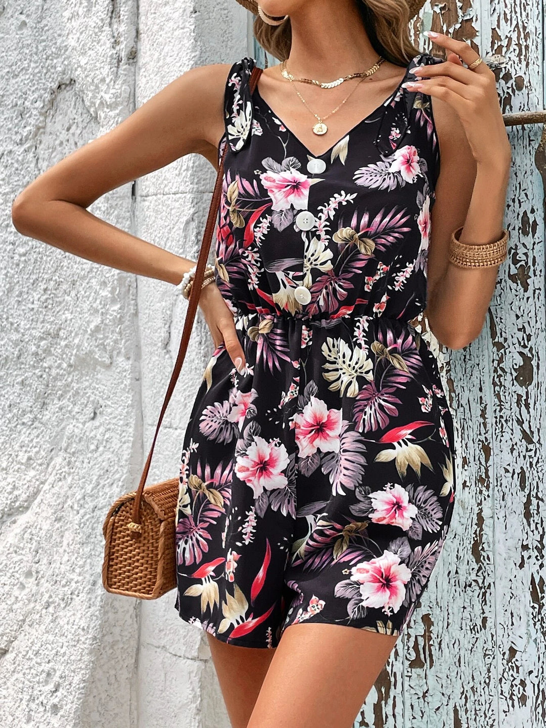 Printed Tie Shoulder Tank Romper