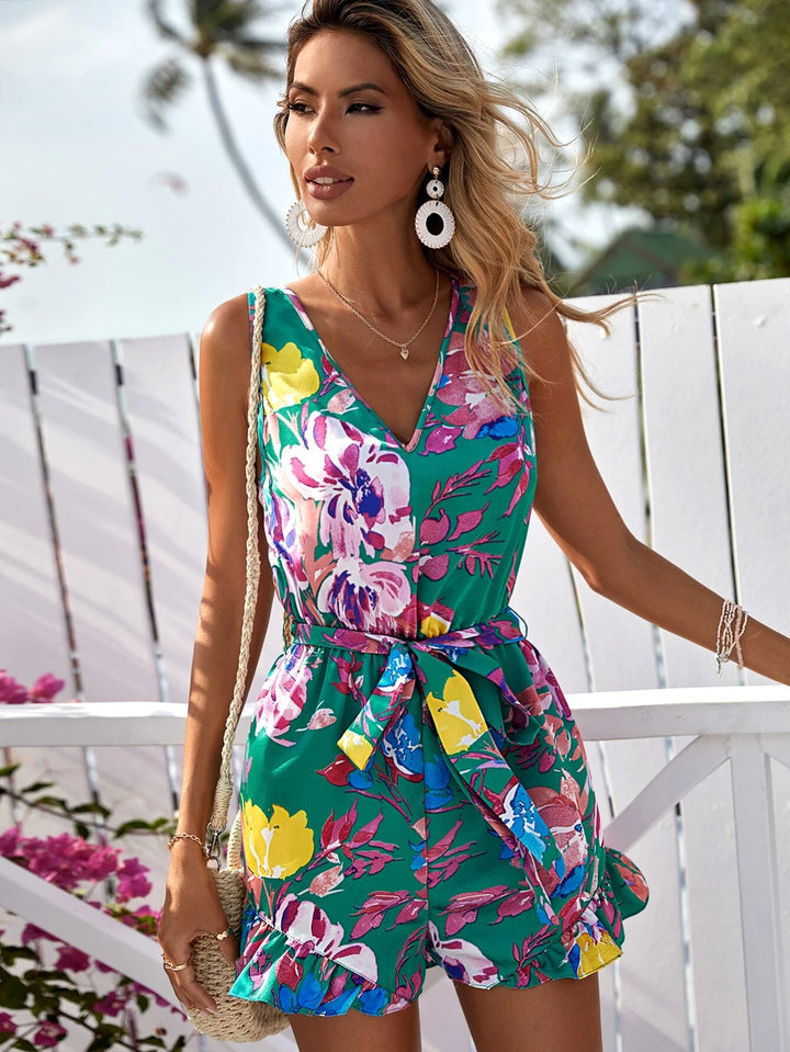 Floral Print Ruffle Hem Belted Romper