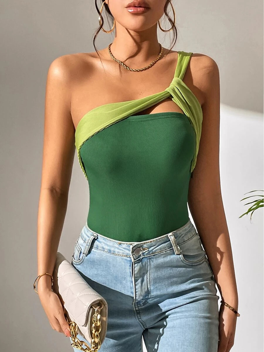 Two Tone One Shoulder Cut Out Bodysuit