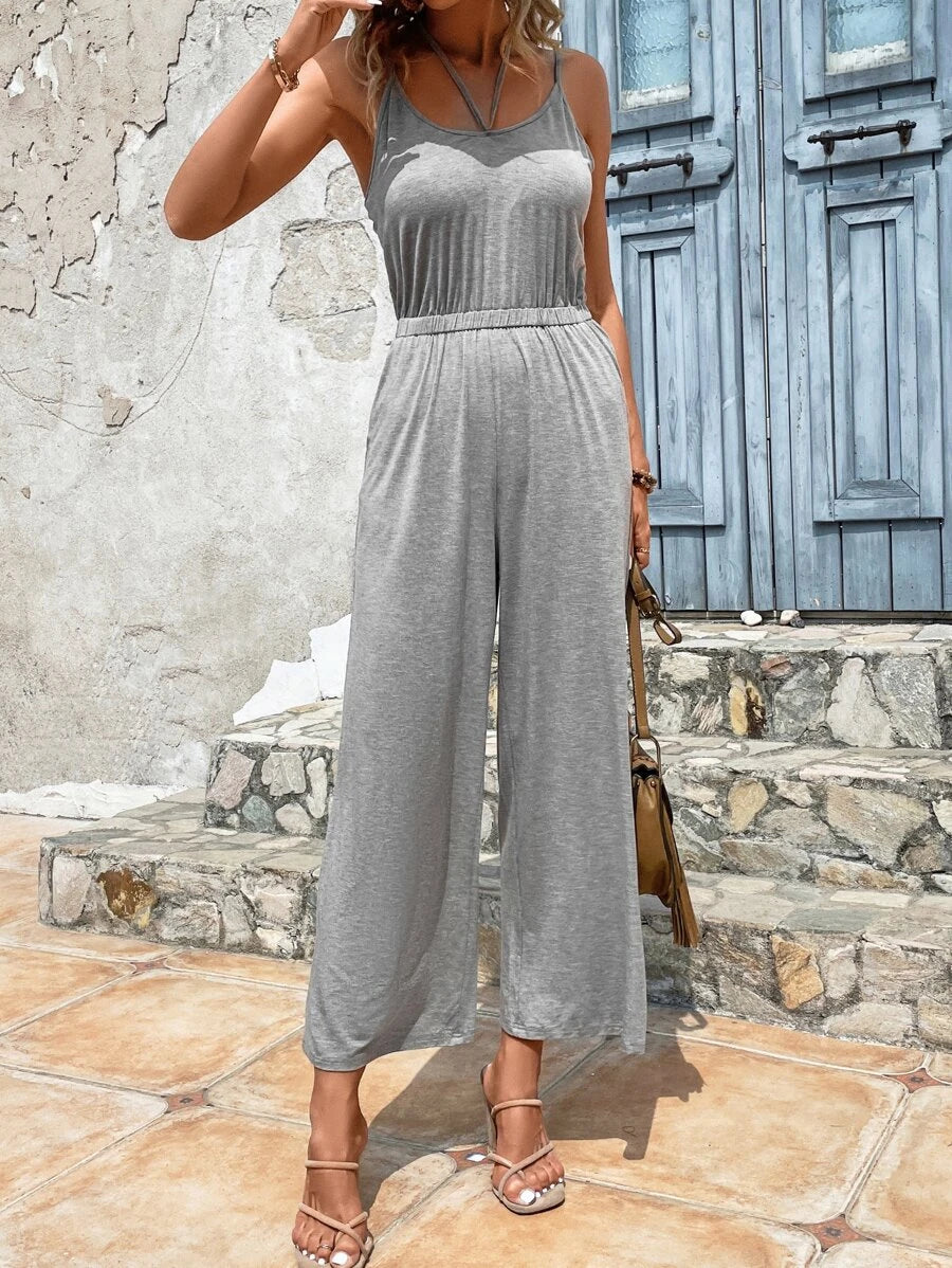 Solid Slant Pocket Wide Leg Jumpsuit