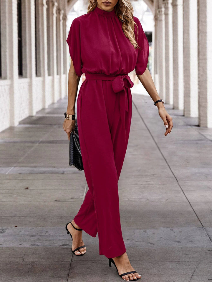 Neck Batwing Sleeve Belted Jumpsuit