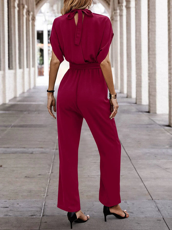 Neck Batwing Sleeve Belted Jumpsuit