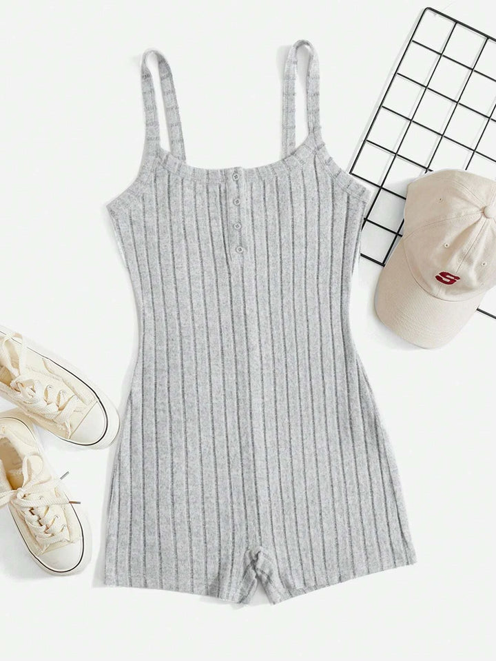 Half Button Ribbed Knit Unitard Romper