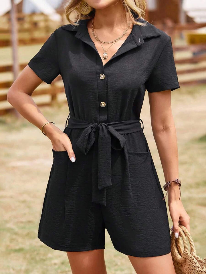 Solid Front Button Belted Shirt Romper