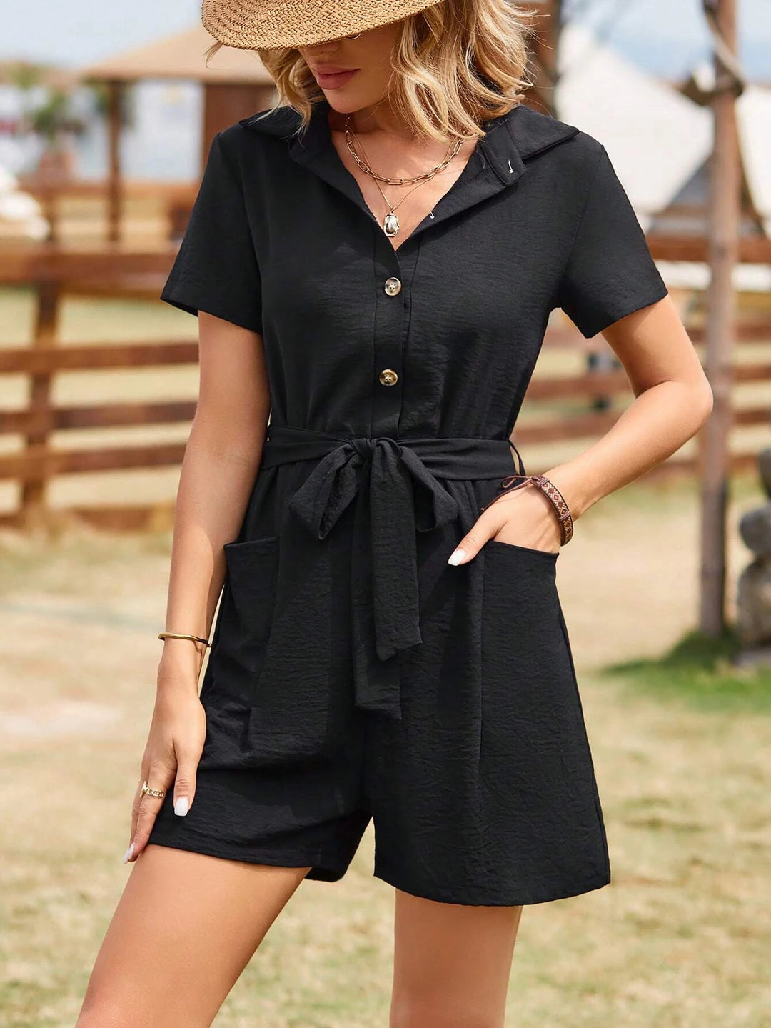 Solid Button Front Dual Pocket Belted Shirt