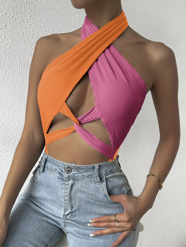 Two Tone Halter Neck Backless Bodysuit