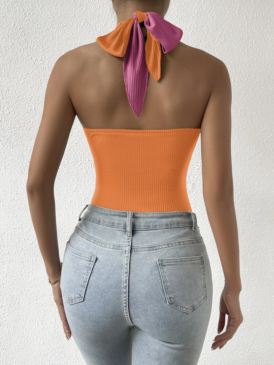 Two Tone Halter Neck Backless Bodysuit