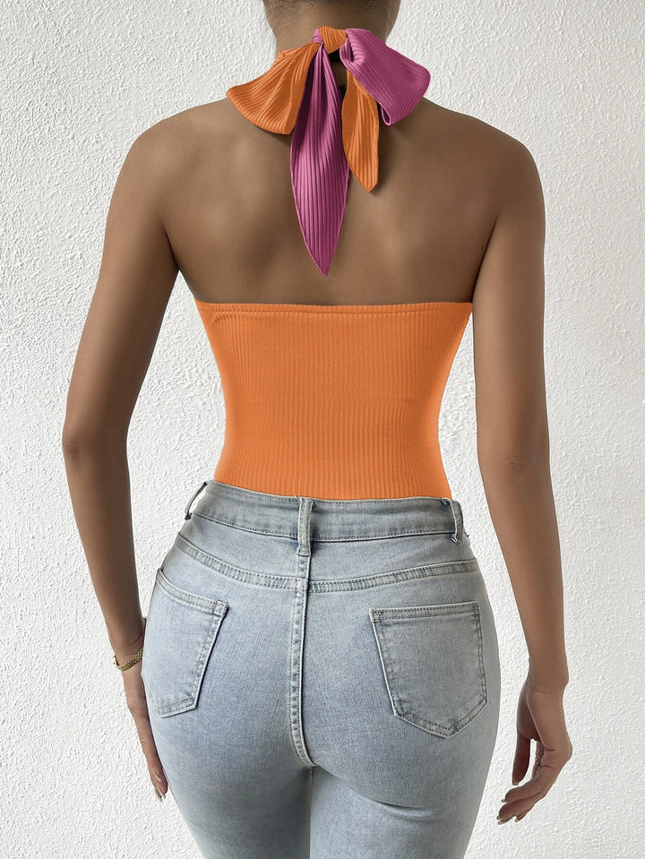 Two Tone Halter Neck Backless Bodysuit