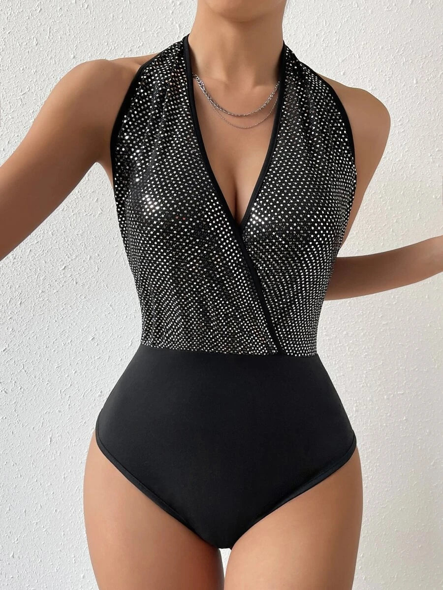 Contrast Sequin Halter Neck Backless Bodysuit