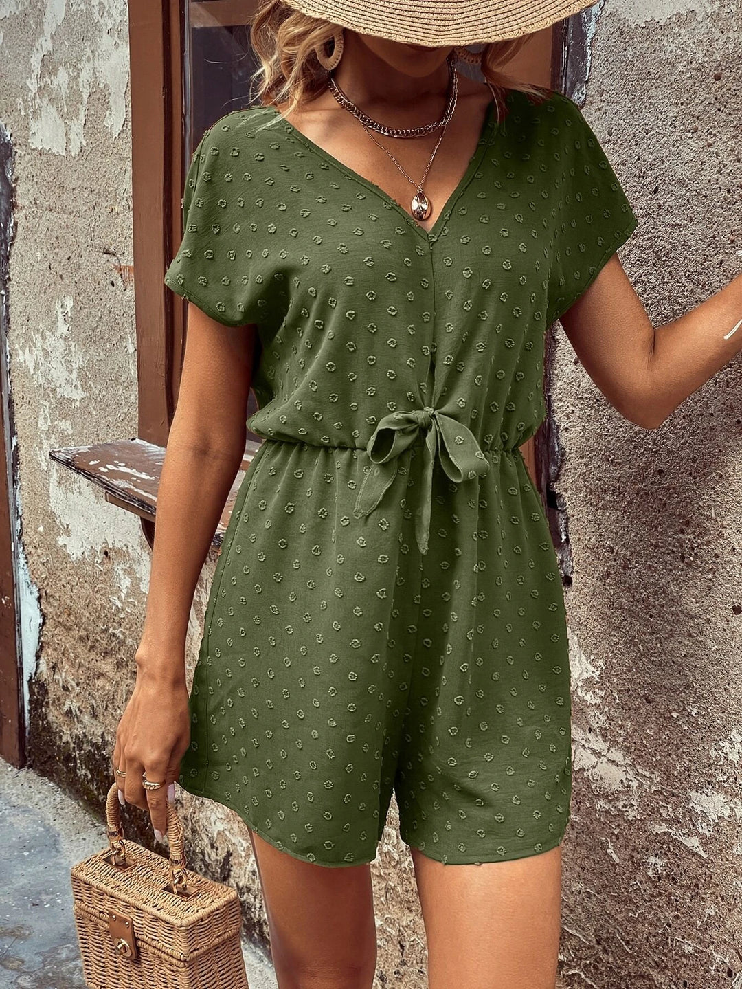 Dot Batwing Sleeve Knot Front Romper