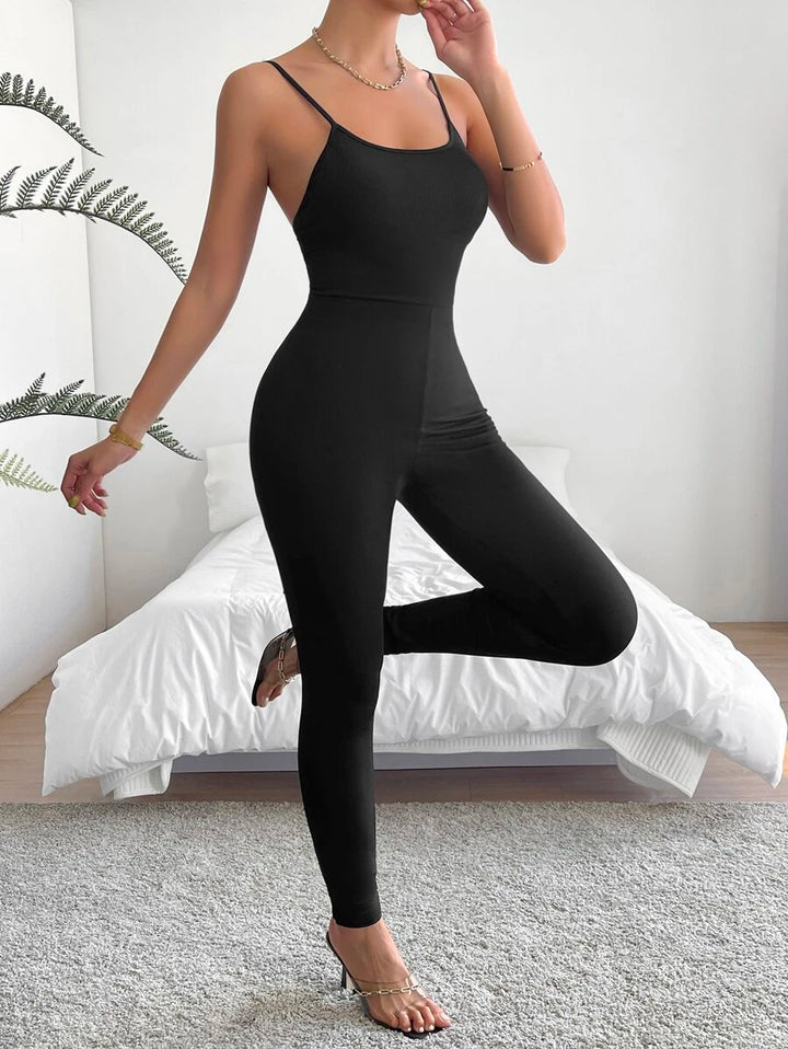 Solid Ribbed Backless Jumpsuit